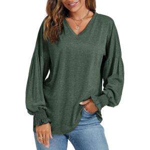 imageLYANER Womens Long Sleeve Tops V Neck Ruffle Lantern Sleeve Casual Loose Blouse Tunic Shirts TopDark Green