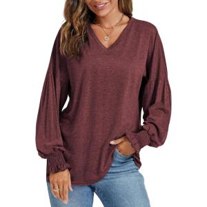 imageLYANER Womens Long Sleeve Tops V Neck Ruffle Lantern Sleeve Casual Loose Blouse Tunic Shirts TopWine Red