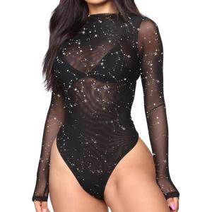 imageLYANER Womens Sexy Sheer Mock Neck Long Sleeve Leotard Bodysuit TopGlitter Black