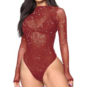 imageLYANER Womens Sexy Sheer Mock Neck Long Sleeve Leotard Bodysuit TopGlitter Burgundy