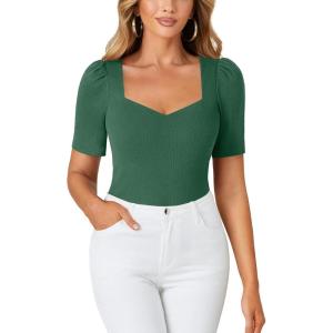 imageLYANER Womens Square V Neck Puff Short Sleeve Knit Summer Elegant TShirt TopsDark Green