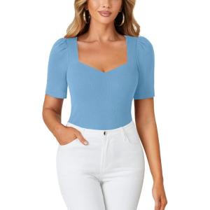imageLYANER Womens Square V Neck Puff Short Sleeve Knit Summer Elegant TShirt TopsLight Blue