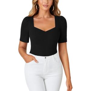 imageLYANER Womens Square V Neck Puff Short Sleeve Knit Summer Elegant TShirt TopsPure Black