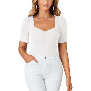 imageLYANER Womens Square V Neck Puff Short Sleeve Knit Summer Elegant TShirt TopsPure White