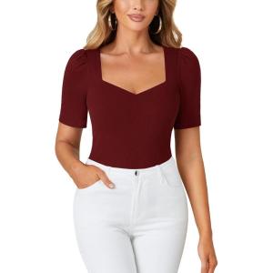 imageLYANER Womens Square V Neck Puff Short Sleeve Knit Summer Elegant TShirt TopsPure Wine Red
