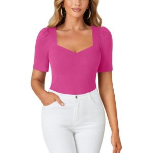 imageLYANER Womens Square V Neck Puff Short Sleeve Knit Summer Elegant TShirt TopsRose