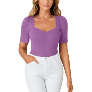 imageLYANER Womens Square V Neck Puff Short Sleeve Knit Summer Elegant TShirt TopsSolid Purple