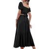 imageLYANER Womens 2 Pcs Outfits Wrap Tie Short Sleeve Crop Top Ruffle Maxi Skirt SetBlack