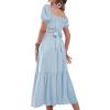 imageLYANER Womens 2 Pcs Outfits Wrap Tie Short Sleeve Crop Top Ruffle Maxi Skirt SetLight Blue
