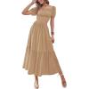 imageLYANER Womens 2 Pcs Outfits Wrap Tie Short Sleeve Crop Top Ruffle Maxi Skirt SetLight Khaki