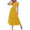 imageLYANER Womens 2 Pcs Outfits Wrap Tie Short Sleeve Crop Top Ruffle Maxi Skirt SetYellow