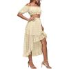 imageLYANER Womens 2 Piece Outfit Dress Off Shoulder Crop Top High Waist Ruffle Midi Skirt SetBeige