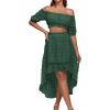 imageLYANER Womens 2 Piece Outfit Dress Off Shoulder Crop Top High Waist Ruffle Midi Skirt SetDark Green