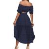 imageLYANER Womens 2 Piece Outfit Dress Off Shoulder Crop Top High Waist Ruffle Midi Skirt SetNavy Blue