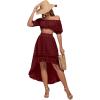 imageLYANER Womens 2 Piece Outfit Dress Off Shoulder Crop Top High Waist Ruffle Midi Skirt SetWine Red