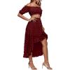 imageLYANER Womens 2 Piece Outfit Dress Off Shoulder Crop Top High Waist Ruffle Midi Skirt SetWine Red