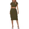 imageLYANER Womens 2 Piece Outfits Crew Neck Fringe Short Sleeve Crop Top and Tassel Trim Bodycon Midi Skirt SetArmy Green