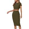 imageLYANER Womens 2 Piece Outfits Crew Neck Fringe Short Sleeve Crop Top and Tassel Trim Bodycon Midi Skirt SetArmy Green