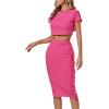 imageLYANER Womens 2 Piece Outfits Crew Neck Fringe Short Sleeve Crop Top and Tassel Trim Bodycon Midi Skirt SetBaby Pink
