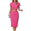 imageLYANER Womens 2 Piece Outfits Crew Neck Fringe Short Sleeve Crop Top and Tassel Trim Bodycon Midi Skirt SetBaby Pink