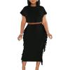imageLYANER Womens 2 Piece Outfits Crew Neck Fringe Short Sleeve Crop Top and Tassel Trim Bodycon Midi Skirt SetBlack