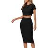 imageLYANER Womens 2 Piece Outfits Crew Neck Fringe Short Sleeve Crop Top and Tassel Trim Bodycon Midi Skirt SetBlack
