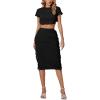 imageLYANER Womens 2 Piece Outfits Crew Neck Fringe Short Sleeve Crop Top and Tassel Trim Bodycon Midi Skirt SetBlack