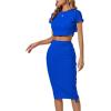 imageLYANER Womens 2 Piece Outfits Crew Neck Fringe Short Sleeve Crop Top and Tassel Trim Bodycon Midi Skirt SetBlue