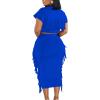 imageLYANER Womens 2 Piece Outfits Crew Neck Fringe Short Sleeve Crop Top and Tassel Trim Bodycon Midi Skirt SetBlue