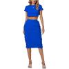 imageLYANER Womens 2 Piece Outfits Crew Neck Fringe Short Sleeve Crop Top and Tassel Trim Bodycon Midi Skirt SetBlue