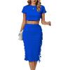 imageLYANER Womens 2 Piece Outfits Crew Neck Fringe Short Sleeve Crop Top and Tassel Trim Bodycon Midi Skirt SetBlue