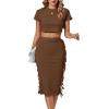 imageLYANER Womens 2 Piece Outfits Crew Neck Fringe Short Sleeve Crop Top and Tassel Trim Bodycon Midi Skirt SetBrown