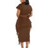 imageLYANER Womens 2 Piece Outfits Crew Neck Fringe Short Sleeve Crop Top and Tassel Trim Bodycon Midi Skirt SetBrown