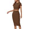 imageLYANER Womens 2 Piece Outfits Crew Neck Fringe Short Sleeve Crop Top and Tassel Trim Bodycon Midi Skirt SetBrown