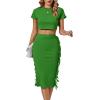 imageLYANER Womens 2 Piece Outfits Crew Neck Fringe Short Sleeve Crop Top and Tassel Trim Bodycon Midi Skirt SetGreen