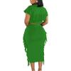 imageLYANER Womens 2 Piece Outfits Crew Neck Fringe Short Sleeve Crop Top and Tassel Trim Bodycon Midi Skirt SetGreen