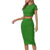 imageLYANER Womens 2 Piece Outfits Crew Neck Fringe Short Sleeve Crop Top and Tassel Trim Bodycon Midi Skirt SetGreen
