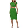 imageLYANER Womens 2 Piece Outfits Crew Neck Fringe Short Sleeve Crop Top and Tassel Trim Bodycon Midi Skirt SetGreen