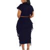 imageLYANER Womens 2 Piece Outfits Crew Neck Fringe Short Sleeve Crop Top and Tassel Trim Bodycon Midi Skirt SetNavy Blue