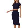 imageLYANER Womens 2 Piece Outfits Crew Neck Fringe Short Sleeve Crop Top and Tassel Trim Bodycon Midi Skirt SetNavy Blue