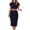 imageLYANER Womens 2 Piece Outfits Crew Neck Fringe Short Sleeve Crop Top and Tassel Trim Bodycon Midi Skirt SetNavy Blue