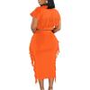imageLYANER Womens 2 Piece Outfits Crew Neck Fringe Short Sleeve Crop Top and Tassel Trim Bodycon Midi Skirt SetNeon Orange