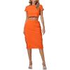 imageLYANER Womens 2 Piece Outfits Crew Neck Fringe Short Sleeve Crop Top and Tassel Trim Bodycon Midi Skirt SetNeon Orange