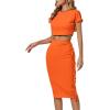 imageLYANER Womens 2 Piece Outfits Crew Neck Fringe Short Sleeve Crop Top and Tassel Trim Bodycon Midi Skirt SetNeon Orange
