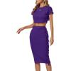 imageLYANER Womens 2 Piece Outfits Crew Neck Fringe Short Sleeve Crop Top and Tassel Trim Bodycon Midi Skirt SetPurple