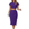 imageLYANER Womens 2 Piece Outfits Crew Neck Fringe Short Sleeve Crop Top and Tassel Trim Bodycon Midi Skirt SetPurple