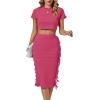 imageLYANER Womens 2 Piece Outfits Crew Neck Fringe Short Sleeve Crop Top and Tassel Trim Bodycon Midi Skirt SetRose