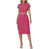 imageLYANER Womens 2 Piece Outfits Crew Neck Fringe Short Sleeve Crop Top and Tassel Trim Bodycon Midi Skirt SetRose