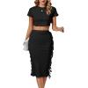 imageLYANER Womens 2 Piece Outfits Crew Neck Fringe Short Sleeve Crop Top and Tassel Trim Bodycon Midi Skirt SetSolid Black