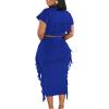 imageLYANER Womens 2 Piece Outfits Crew Neck Fringe Short Sleeve Crop Top and Tassel Trim Bodycon Midi Skirt SetSolid Blue
